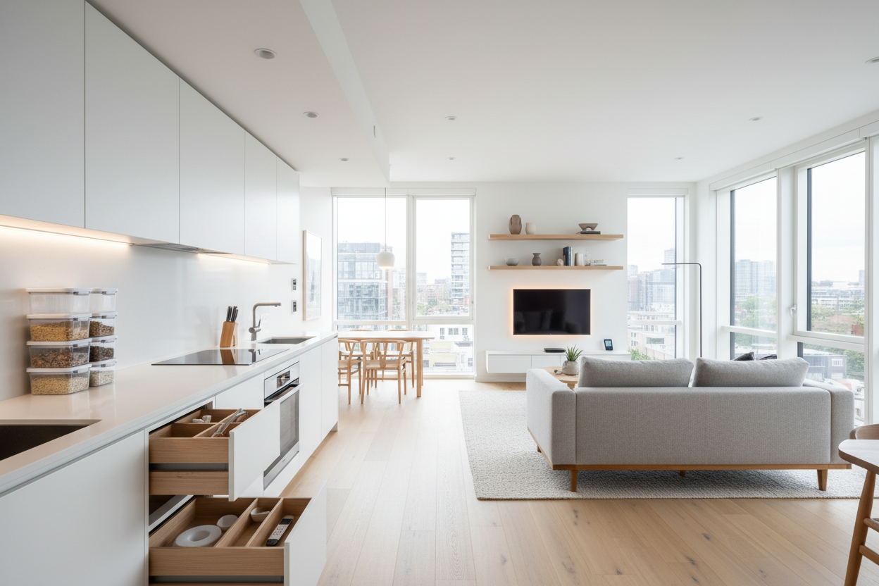 A high-end commercial photography, wide-angle landscape shot of a brightly lit, modern, open-plan living room and kitchen apartment. The space is impeccably organized and features clever storage solutions and smart home gadgets seamlessly integrated.

Key details: A spotless kitchen counter with clear, stackable organization containers and sleek appliances. A tidy living area with modern shelving, hidden cable management, and smart lighting.

The overall aesthetic is clean white, light natural wood 